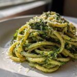 A close-up of a serving of creamy pesto pasta tossed with thick noodles and topped with grated Parmesan cheese.