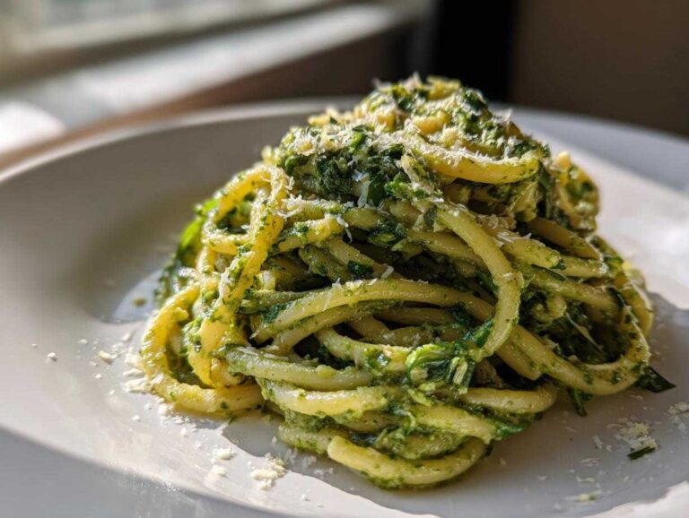 A close-up of a serving of creamy pesto pasta tossed with thick noodles and topped with grated Parmesan cheese.