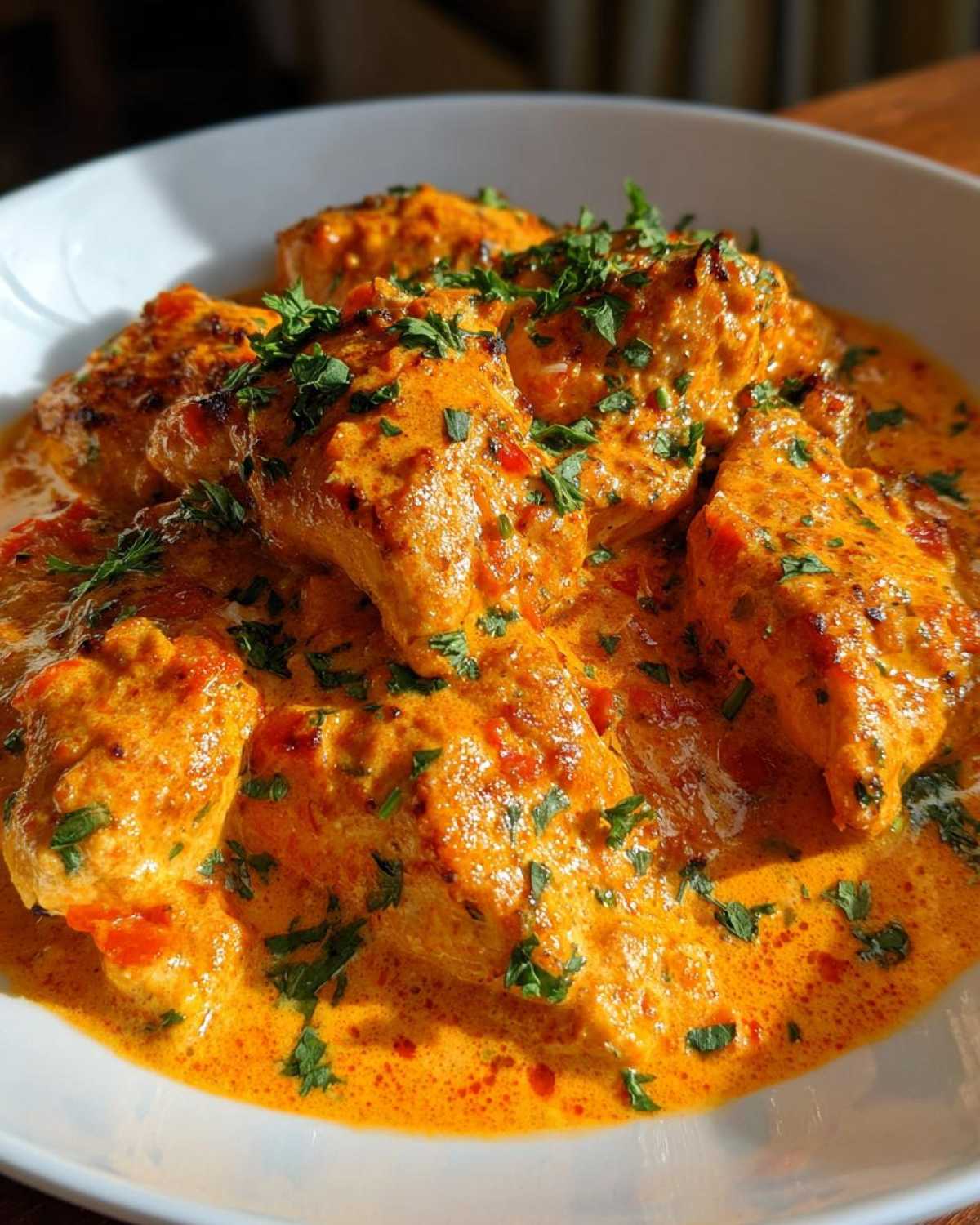 Close-up of tender chicken pieces smothered in a rich, creamy Roasted Red Pepper Chicken sauce, garnished with fresh parsley.