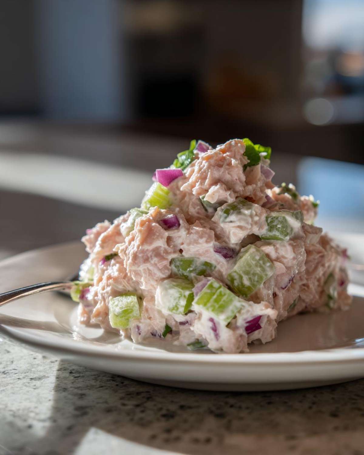 A mound of creamy salmon salad mixed with chopped celery and red onion served on a white plate.