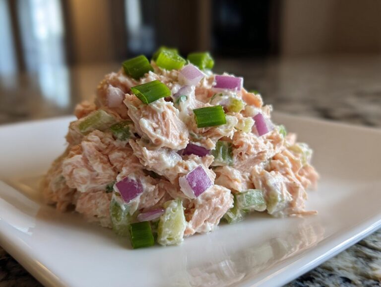 A mound of creamy salmon salad mixed with celery and red onion, topped with green onion slices, served on a white plate.