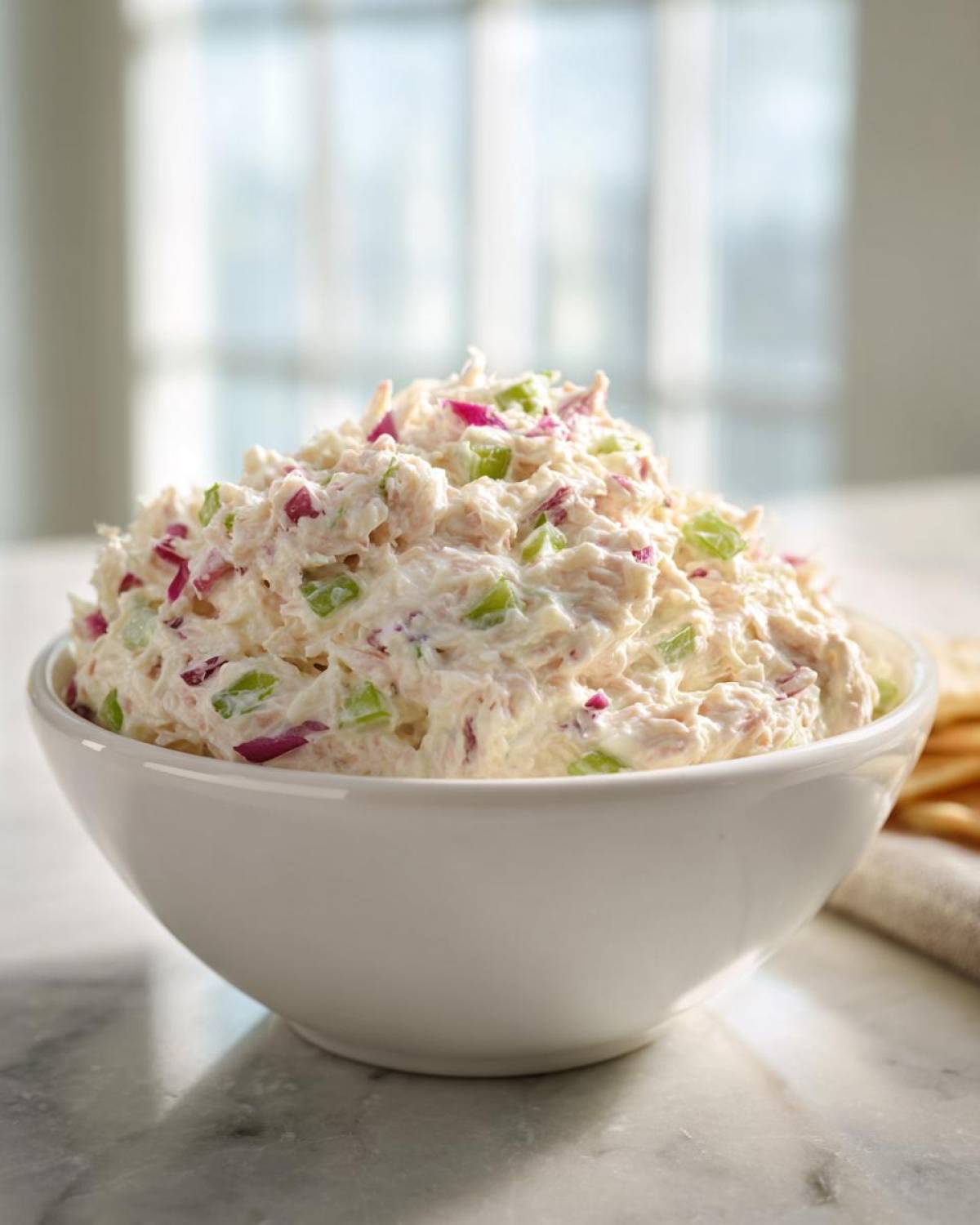 A white bowl filled high with creamy tuna dip mixed with visible chunks of red onion and celery.