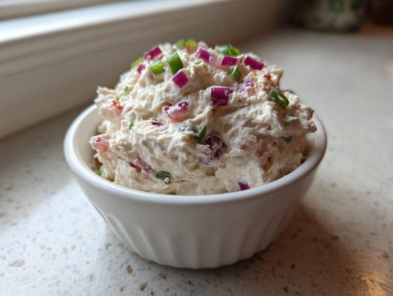 A close-up of creamy tuna dip served in a small white bowl, topped with diced red onion and green chives.