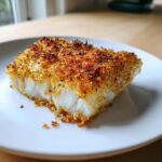 A perfectly cooked fillet of Crispy Baked Cod Weeknight on a white plate, showing flaky white fish and a golden brown crust.