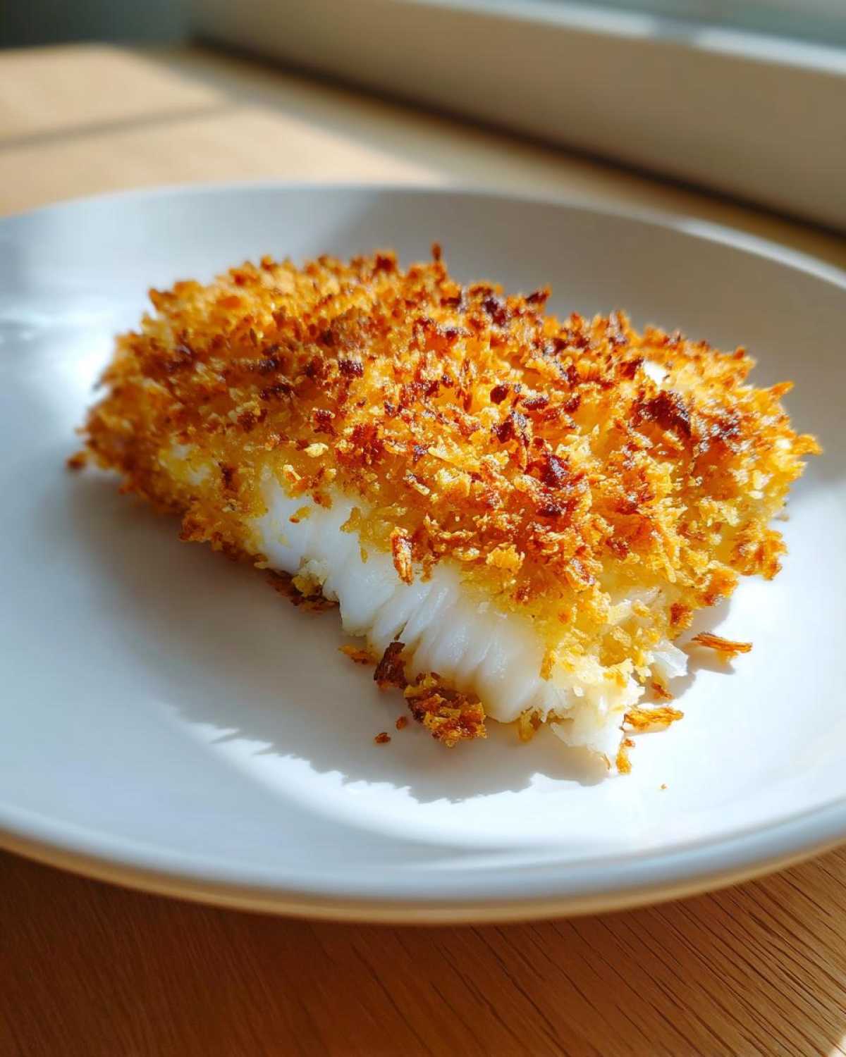 A close-up of a flaky white fish fillet with a golden, crispy baked cod weeknight coating on a white plate.