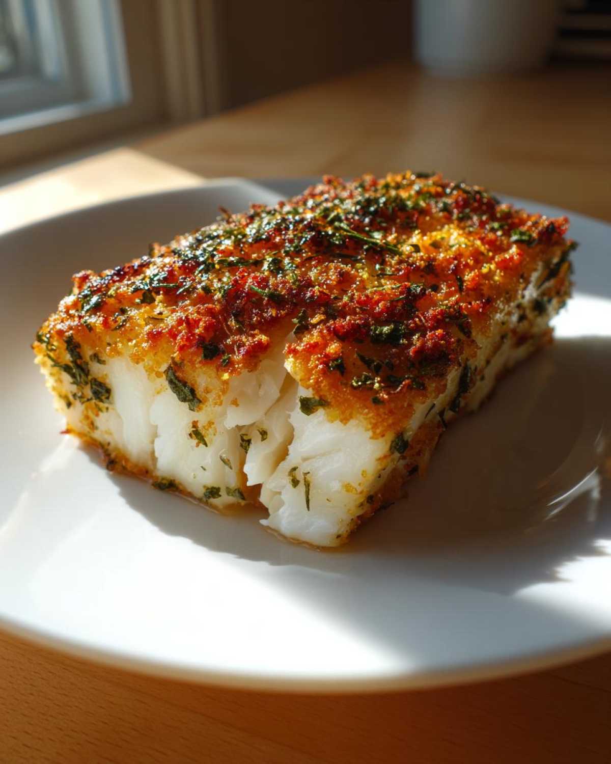 A flaky piece of Crispy Baked Cod Weeknight with a golden, herbed breadcrumb crust, served on a white plate.