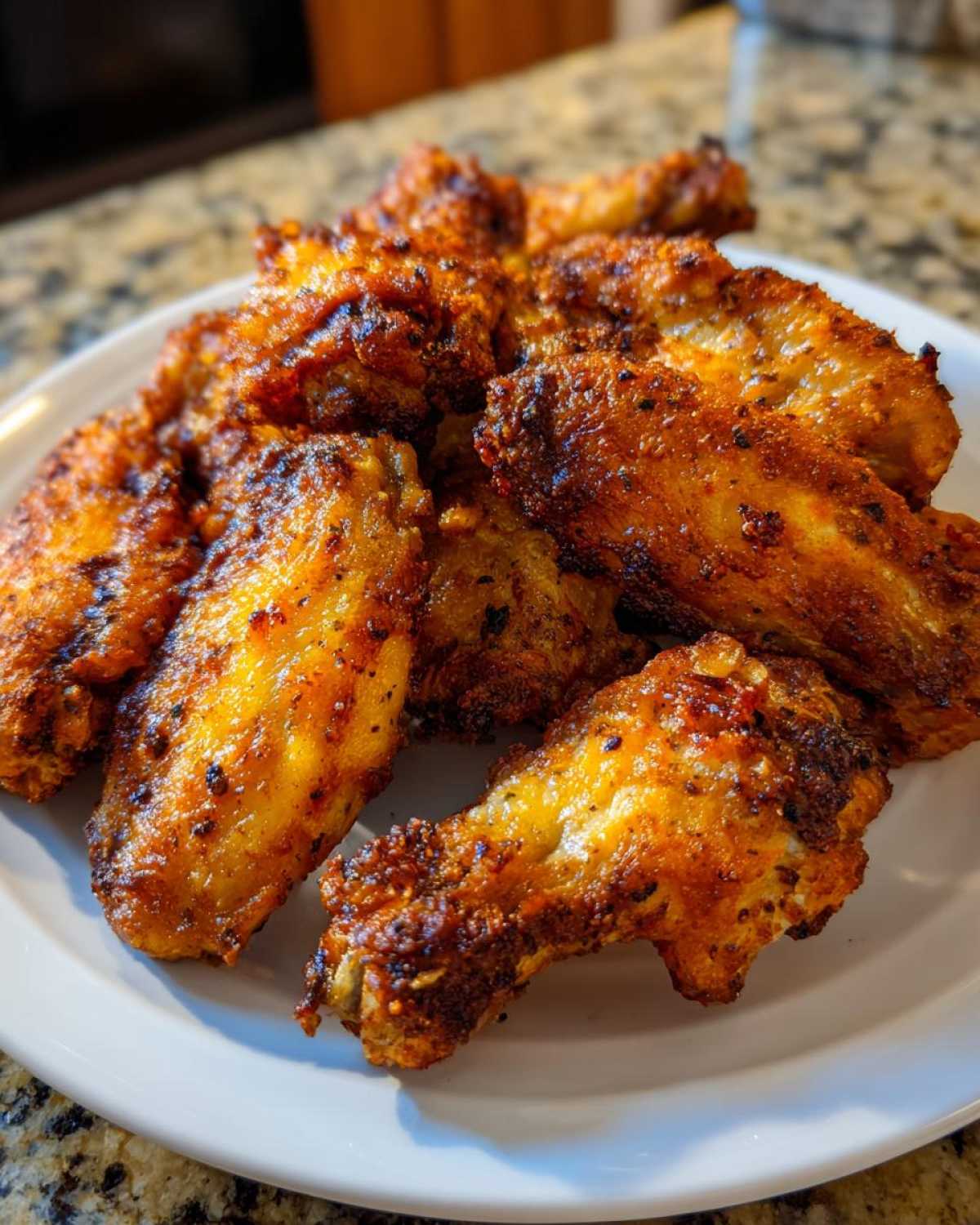 A close-up of several perfectly crispy, seasoned chicken wing pieces piled on a white plate.