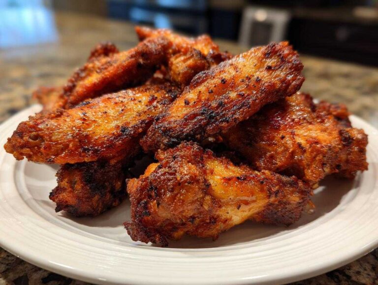 A pile of perfectly cooked, crispy, and seasoned chicken wing pieces stacked on a white plate.