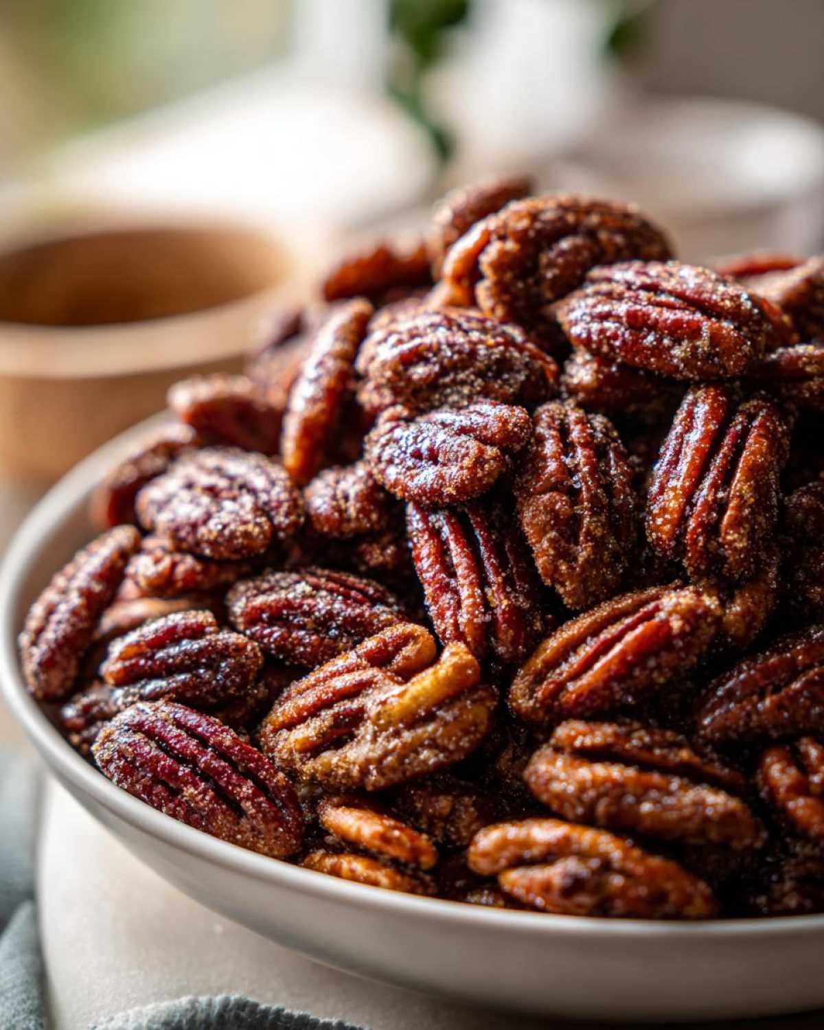 Close-up of a white bowl filled with glossy, candied cinnamon sugar pecans.