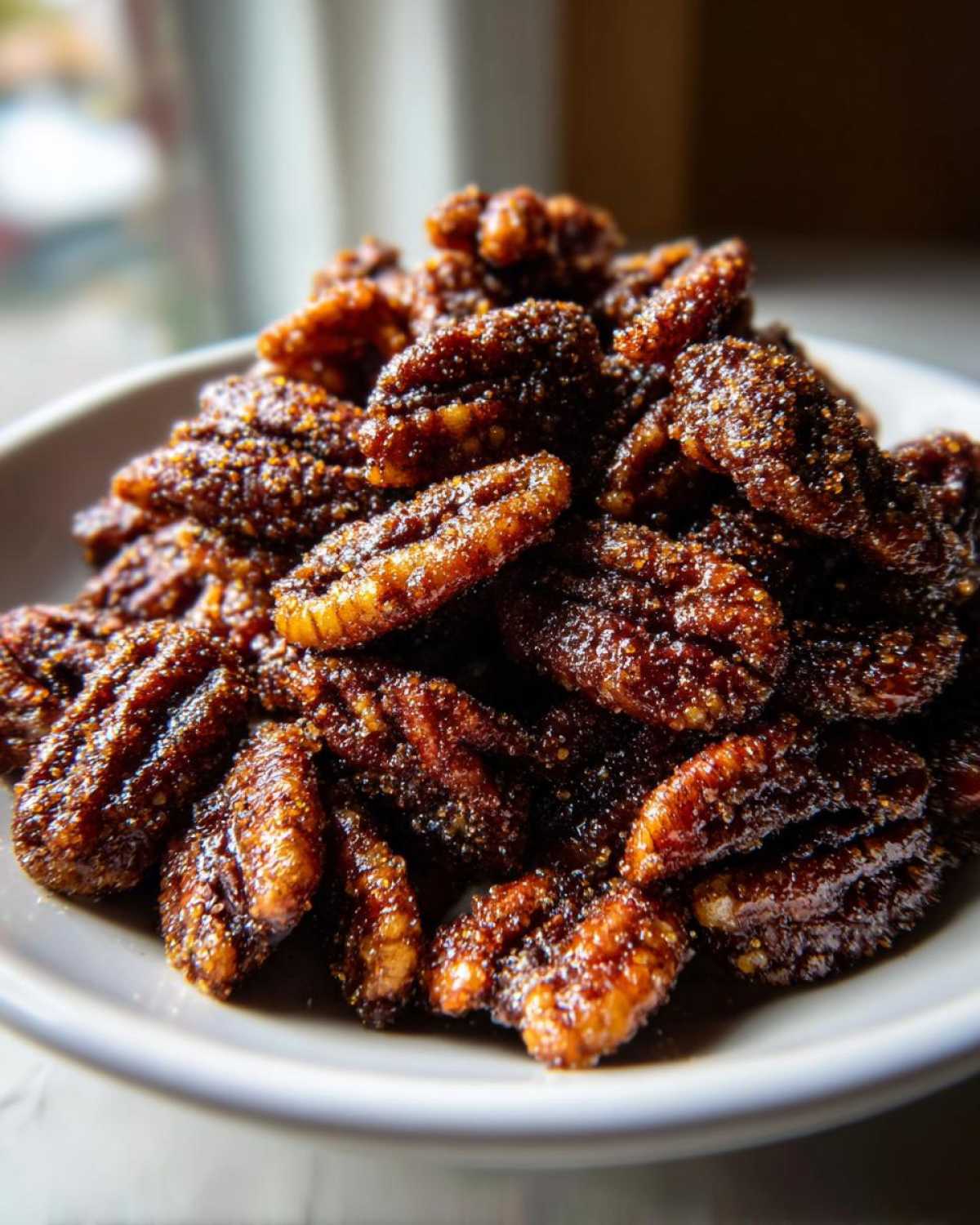 Close-up of a mound of glossy, dark brown cinnamon sugar pecans piled high in a light gray bowl.