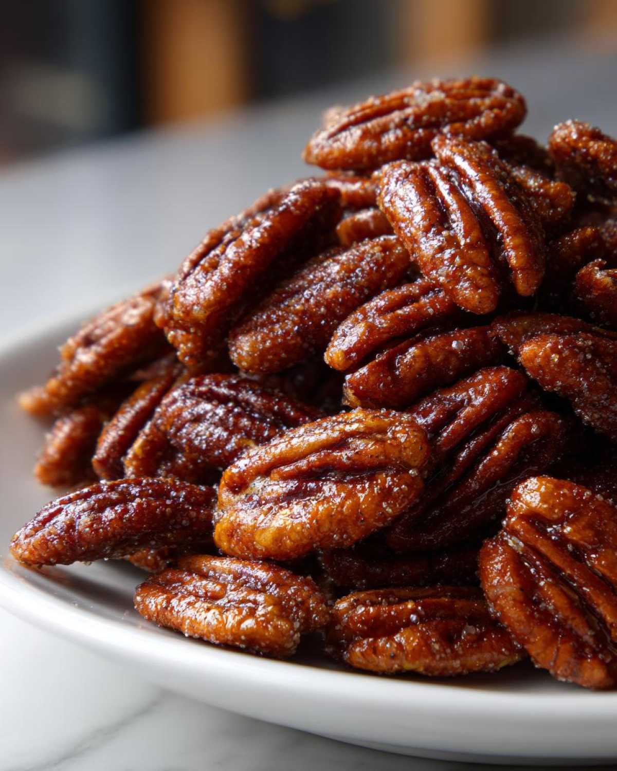 Close-up of a mound of glossy, caramelized cinnamon sugar pecans piled high on a white dish.