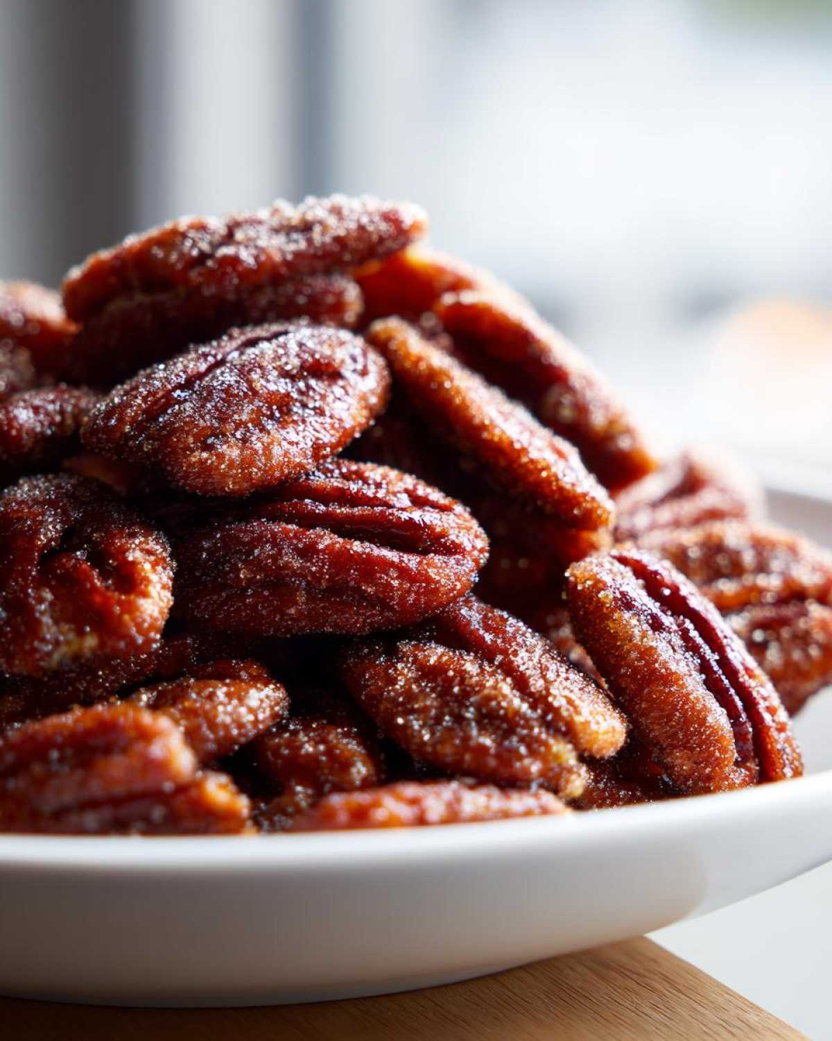 A close-up, macro shot of a pile of glossy, caramelized cinnamon sugar pecans coated in sparkling sugar crystals.