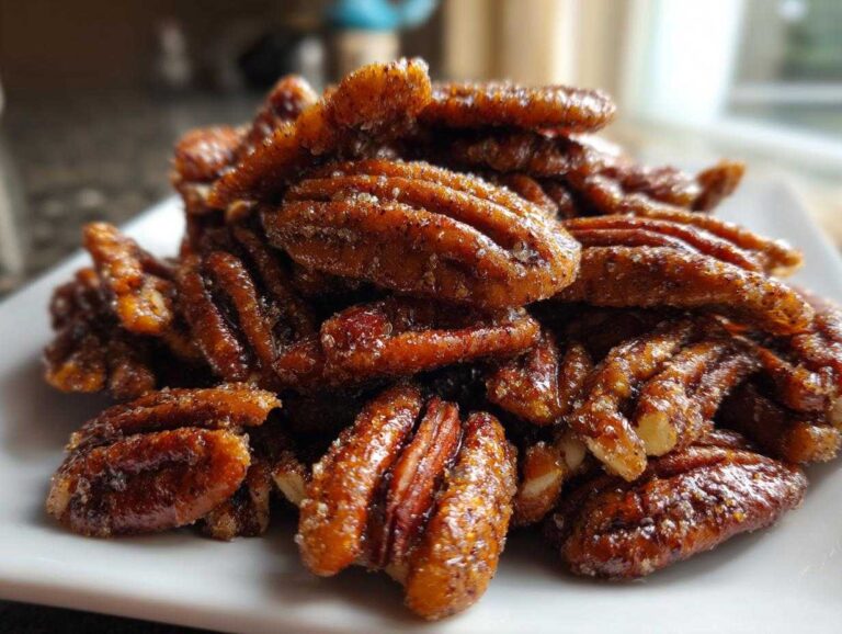 Close-up of a mound of glossy, candied cinnamon sugar pecans piled high on a white serving dish.