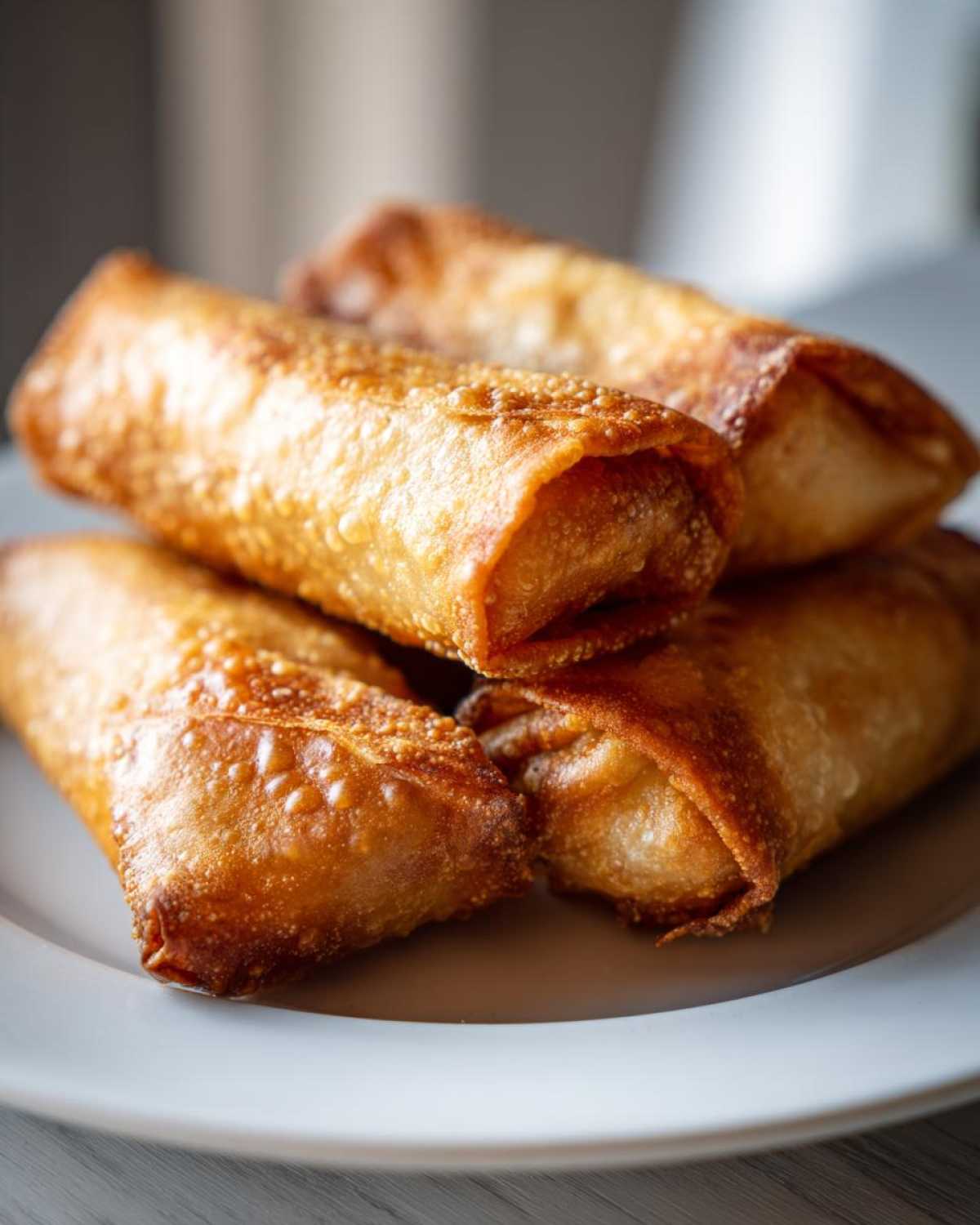 Close-up of four golden brown, crispy homemade egg roll appetizers stacked on a white plate.