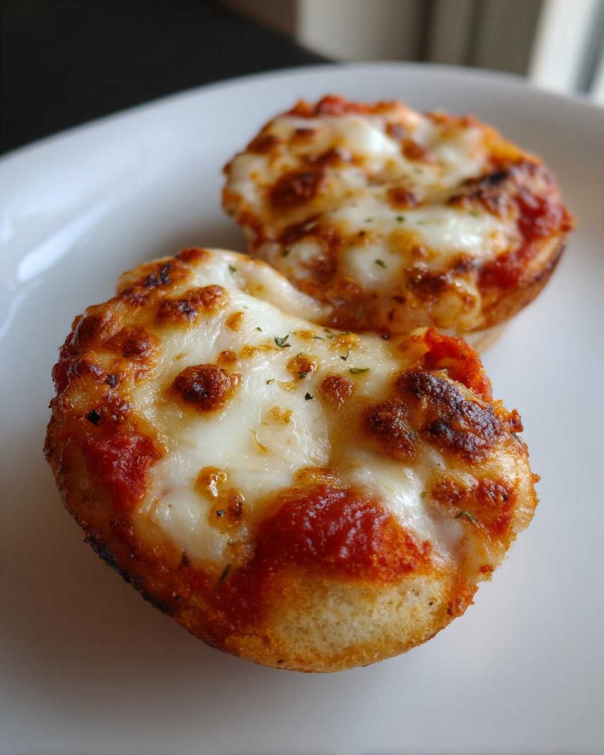 Close-up of two perfectly toasted English muffin pizza halves topped with melted, bubbly cheese and tomato sauce.