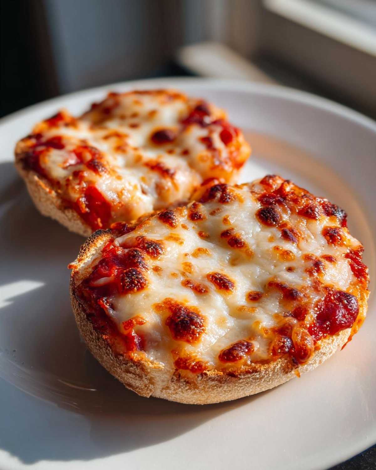 Close-up of two perfectly toasted english muffin pizza halves topped with melted, bubbly mozzarella cheese and tomato sauce.