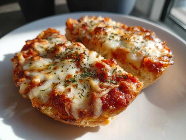 Amazing 15-Minute Crispy English Muffin Pizza Two halves of a crispy English muffin pizza topped with melted mozzarella cheese and herbs, served on a white plate.