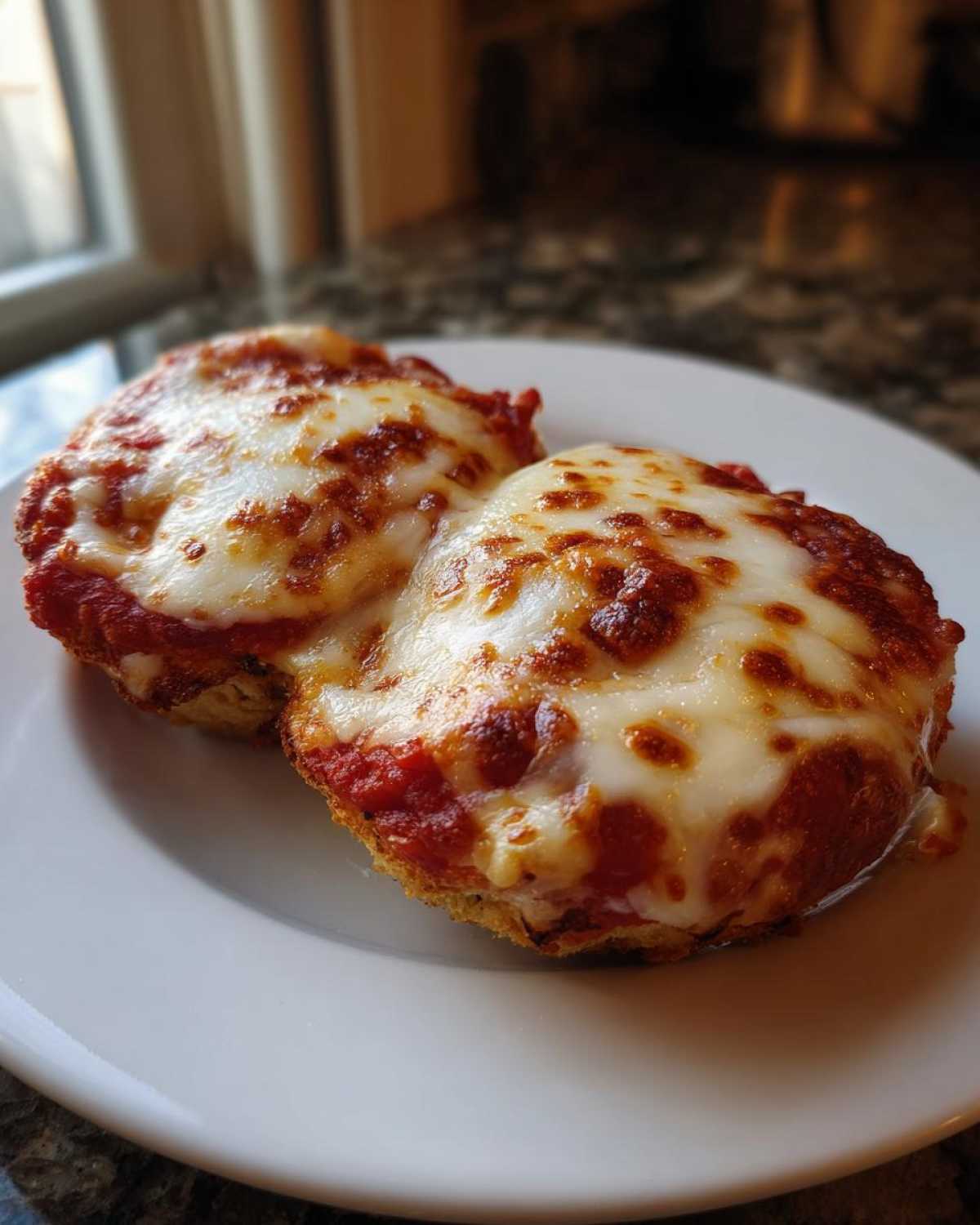 Two perfectly cooked english muffin pizza halves topped with rich tomato sauce and bubbly, browned mozzarella cheese.