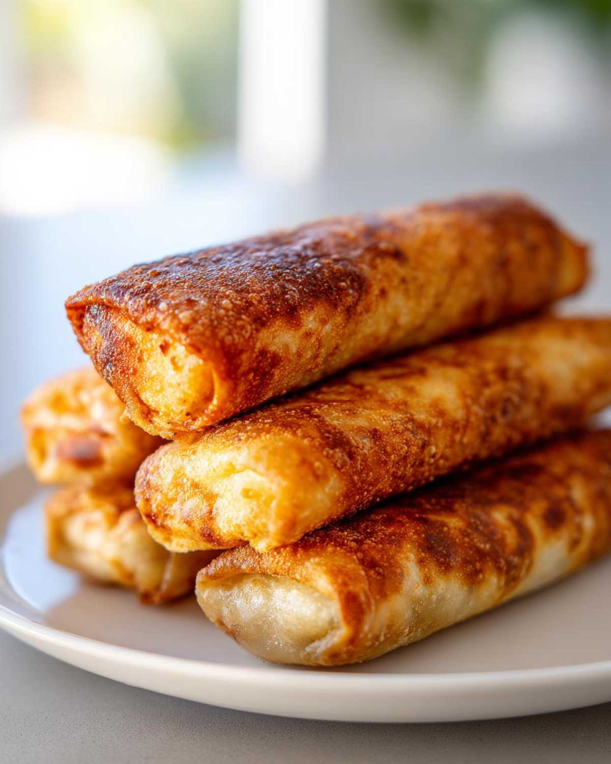 A stack of four perfectly fried, golden brown, crispy egg roll appetizers resting on a white plate.
