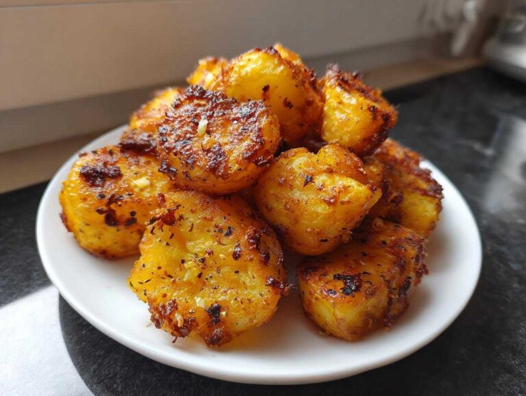 A close-up of a pile of golden, crispy Greek potatoes seasoned with herbs, served on a small white plate.
