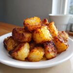 A close-up of golden brown, perfectly roasted Crispy Greek Potatoes piled high on a white plate.