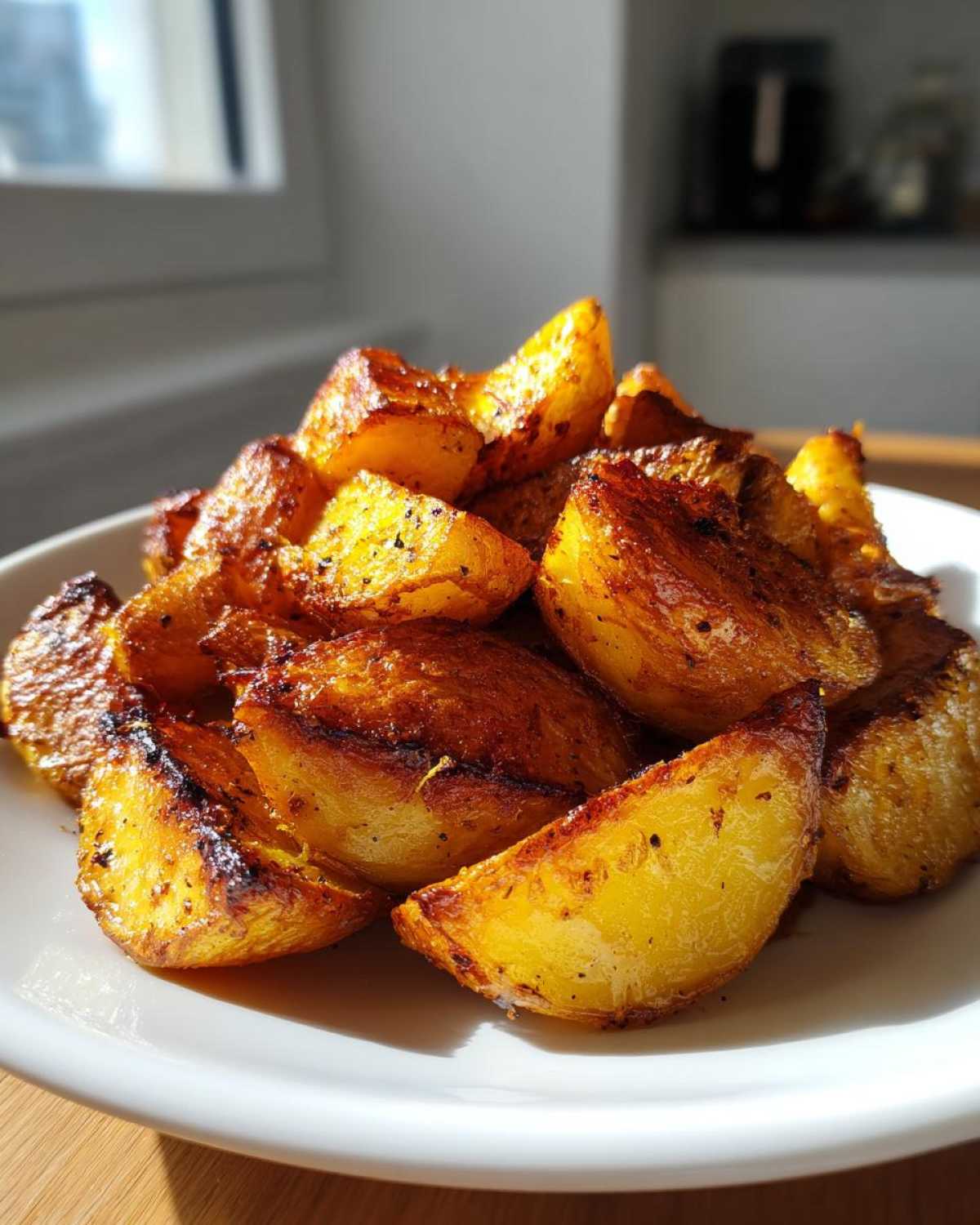 A close-up of golden brown, crispy Greek potatoes piled high on a white plate, showing their seasoned, roasted texture.