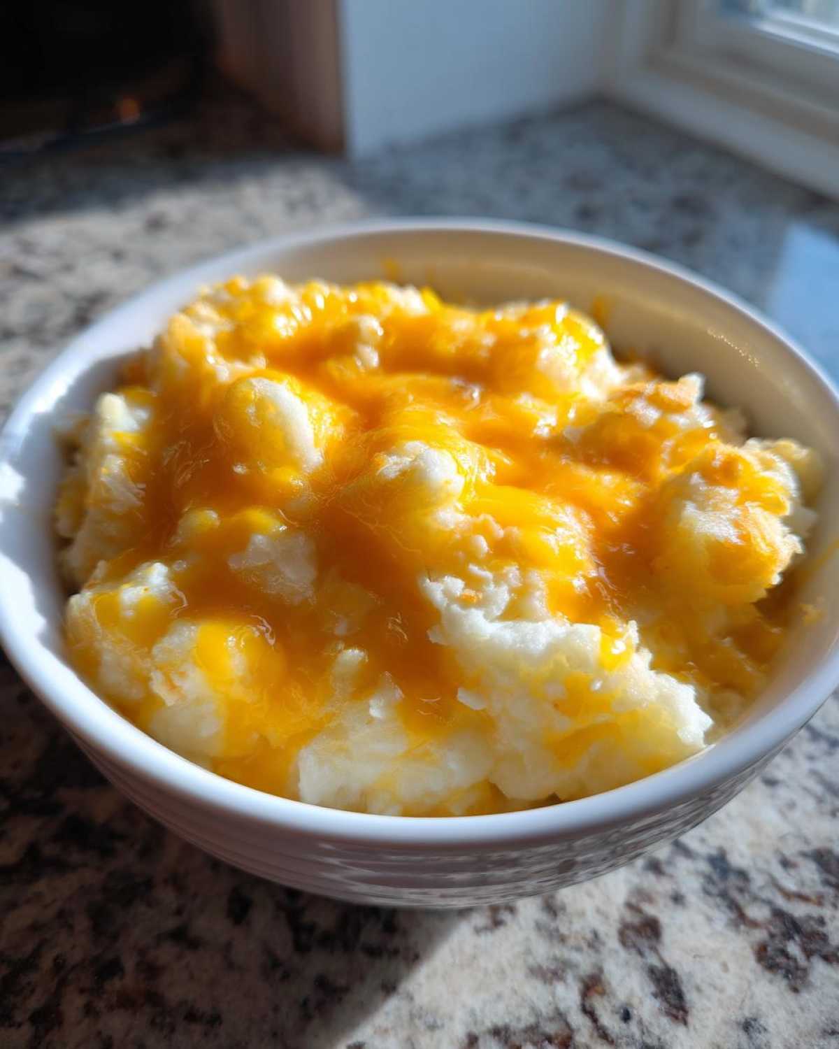 Close-up of a white bowl filled with creamy crockpot cheesy potatoes topped with melted cheddar cheese.