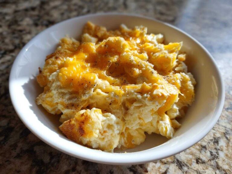A white bowl filled with creamy crockpot cheesy potatoes topped with melted cheddar cheese and black pepper.