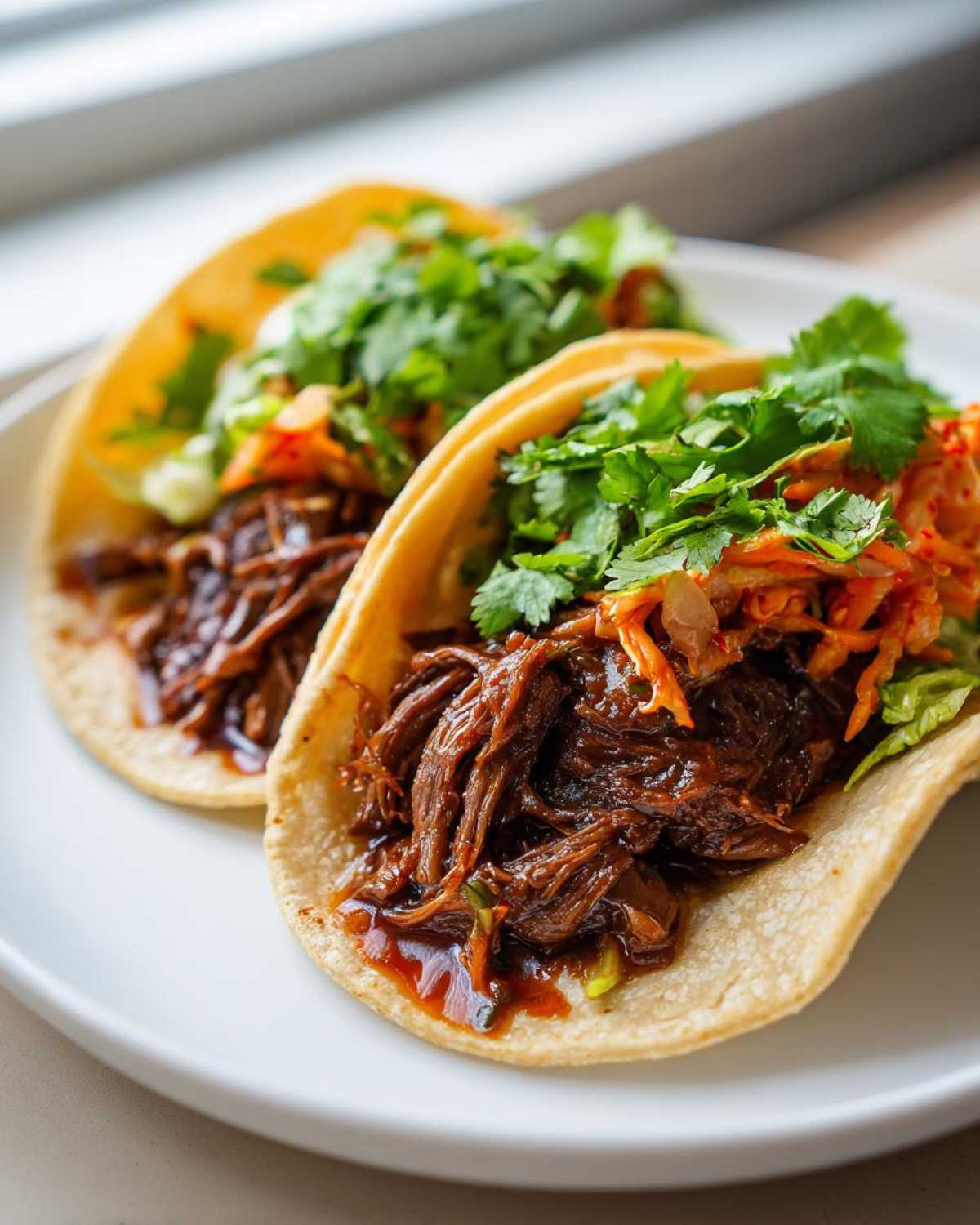 Close-up of two delicious Crockpot Korean Beef Tacos filled with shredded saucy beef, kimchi slaw, and fresh cilantro.