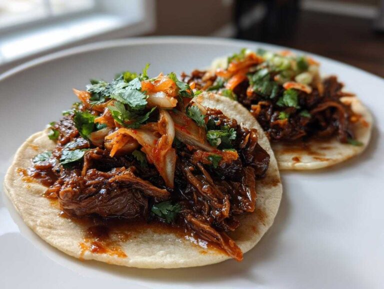 Two delicious Crockpot Korean Beef Tacos filled with shredded beef, kimchi, and cilantro on a white plate.