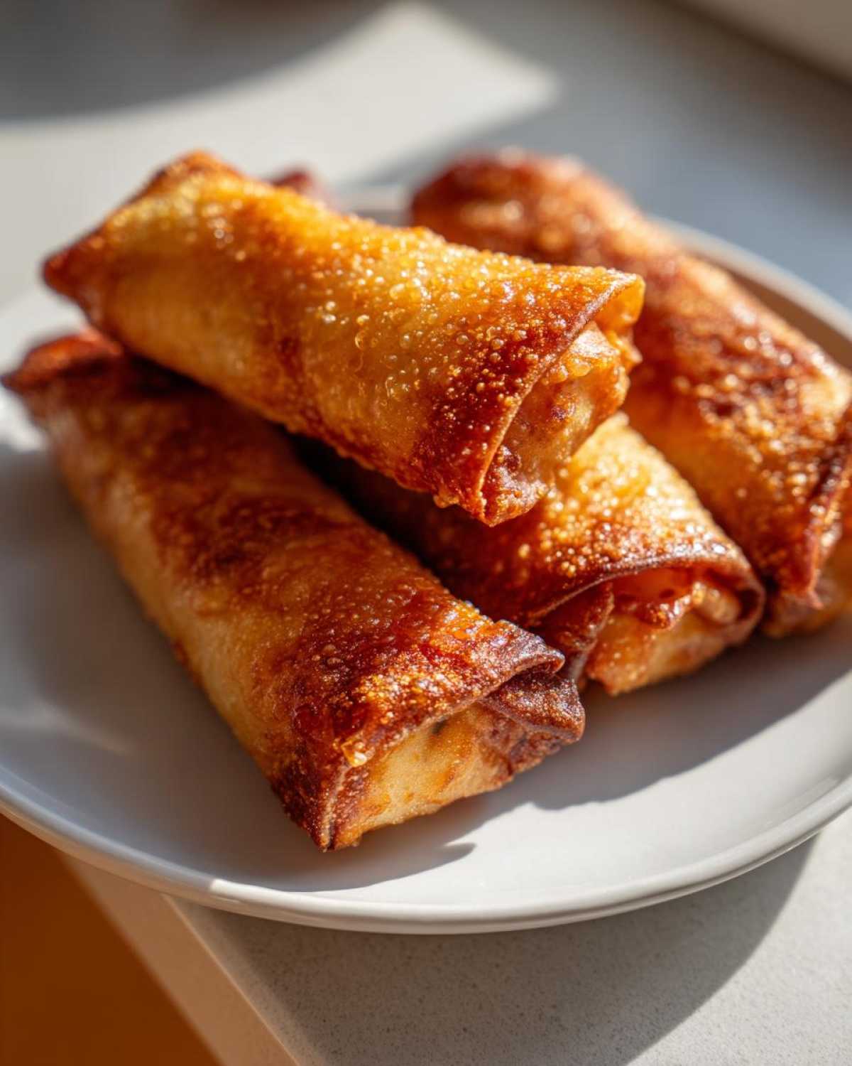 Close-up of several golden brown, crispy egg roll appetizers stacked on a light gray plate.