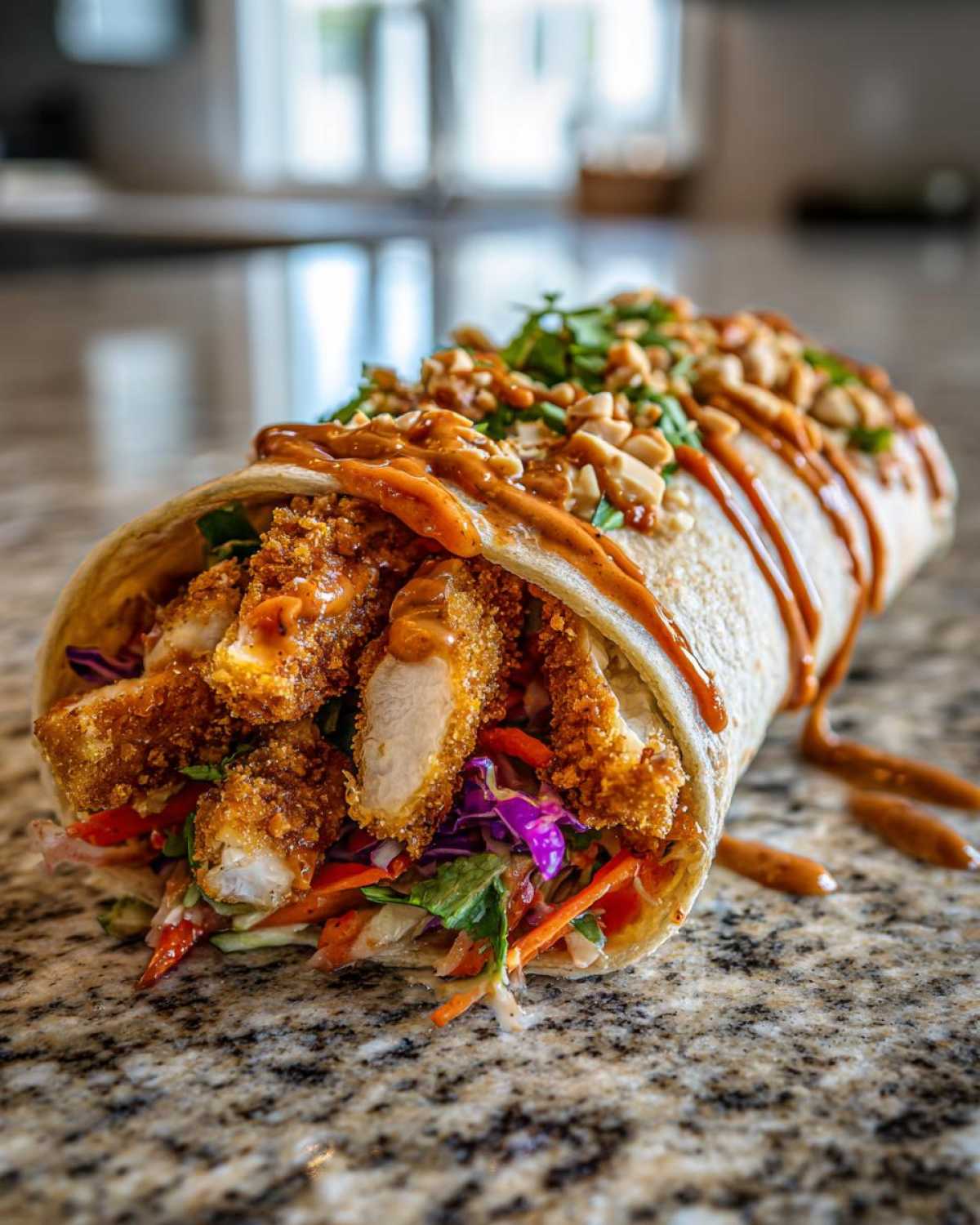A close-up of a Crunchy Thai Chicken Wraps filled with crispy chicken, slaw, drizzled with peanut sauce, and topped with chopped peanuts.