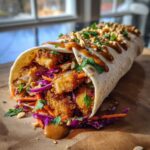 A close-up view of a large Crunchy Thai Chicken Wraps filled with crispy chicken, shredded red cabbage, carrots, and drizzled with peanut sauce and chopped peanuts.