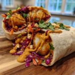 A cross-section view of two Crunchy Thai Chicken Wraps filled with crispy chicken, purple cabbage slaw, and drizzled heavily with peanut sauce.