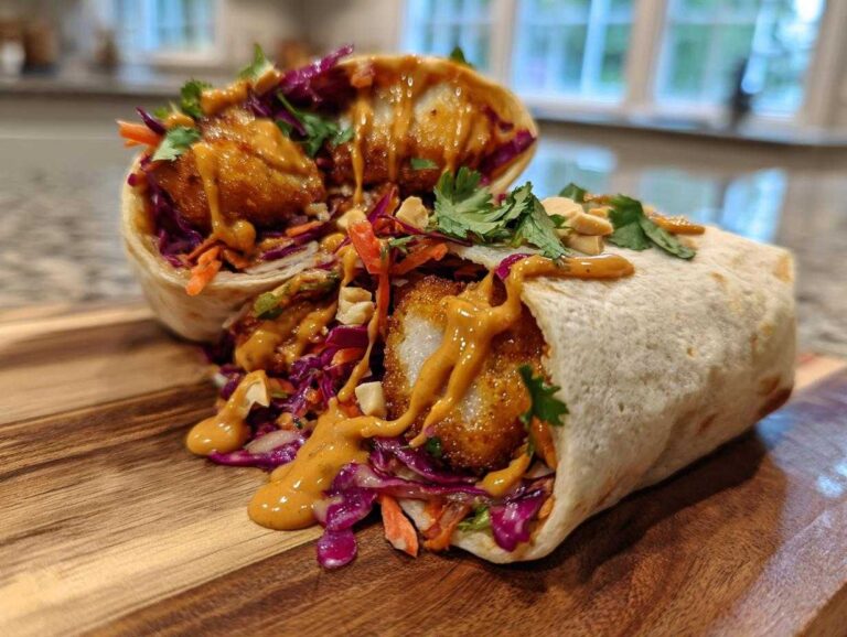 A cross-section view of two Crunchy Thai Chicken Wraps filled with crispy chicken, purple cabbage slaw, and drizzled heavily with peanut sauce.