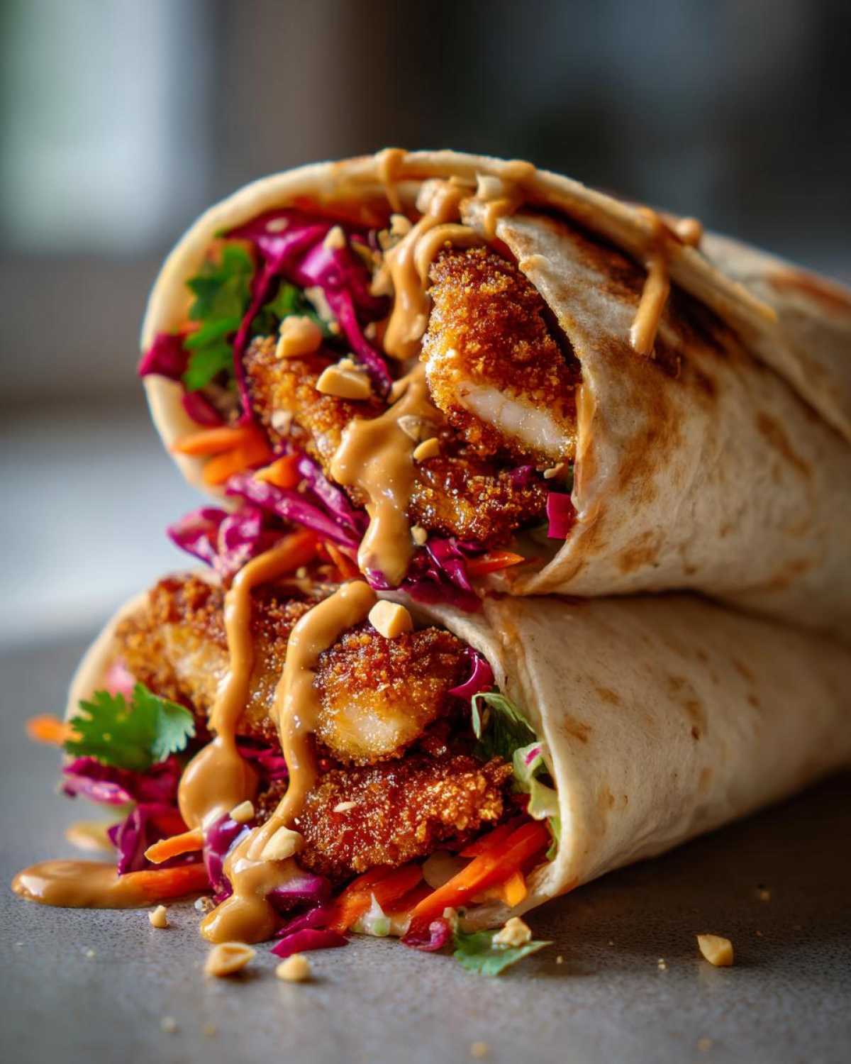 Two stacked Crunchy Thai Chicken Wraps filled with crispy chicken, red cabbage slaw, and drizzled heavily with peanut sauce.