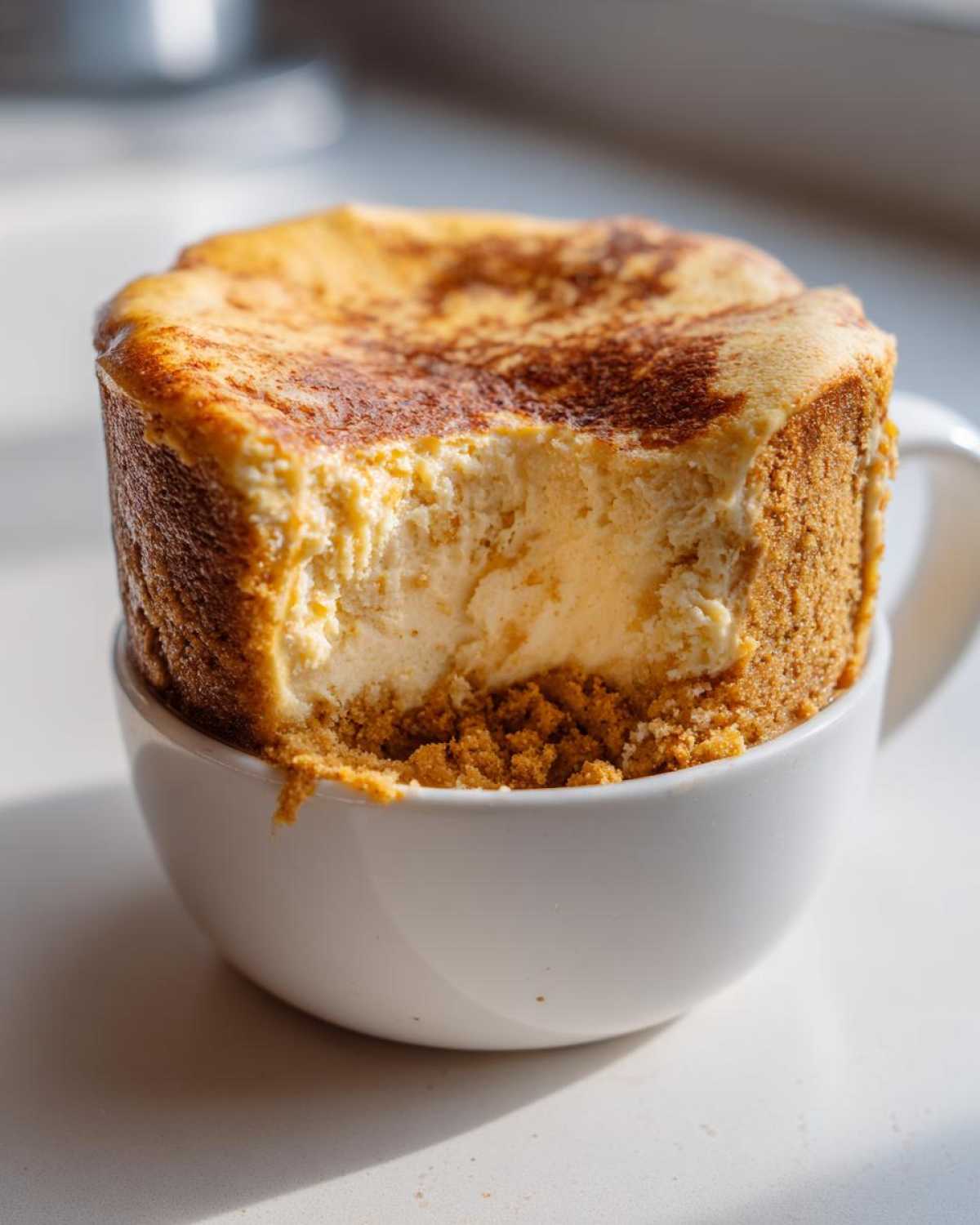 A close-up of a Decadent Cheesecake Mug Recipe baked in a white mug, showing a bite taken out of the creamy center.