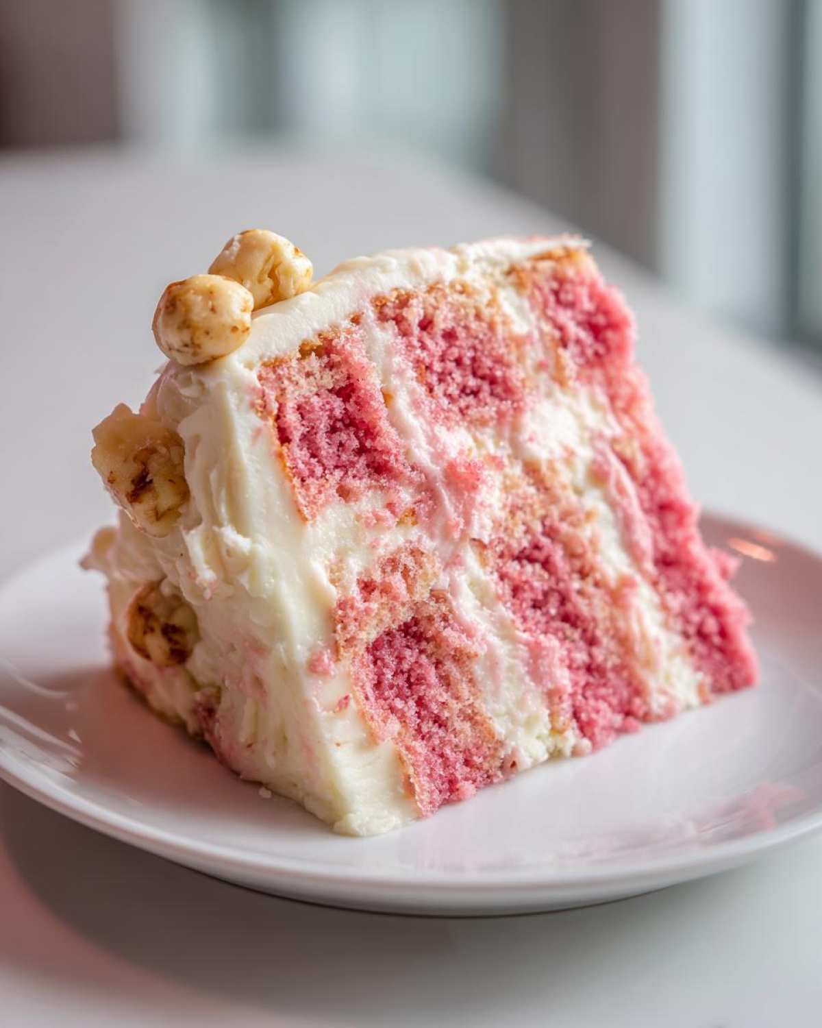 A generous slice of Decadent Hawaiian Guava Cake showing pink layers and white frosting, topped with nuts.