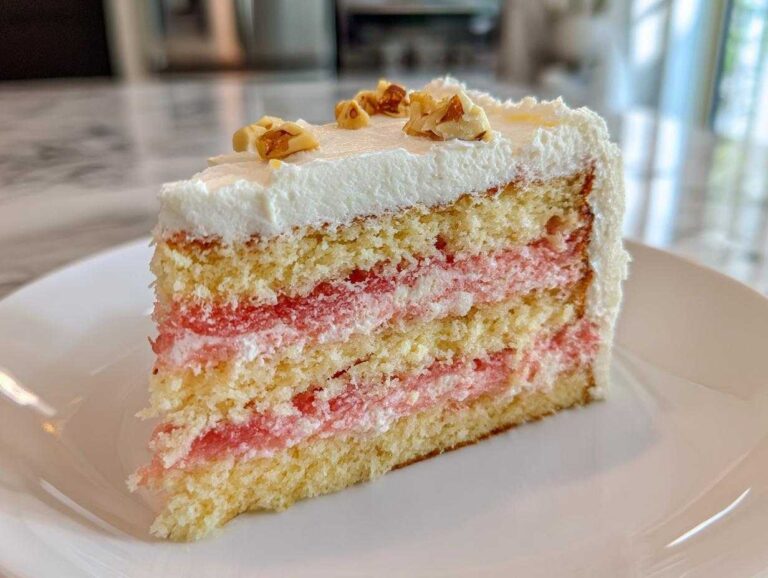 Close-up of a slice of Decadent Hawaiian Guava Cake showing yellow layers, pink guava filling, and white frosting topped with chopped nuts.