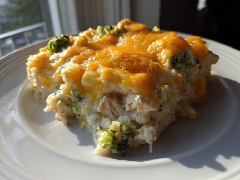 Amazing 1-Dish Dump and Bake Chicken Casserole A close-up serving of creamy Dump and Bake Chicken Casserole topped with melted cheddar cheese and broccoli florets.