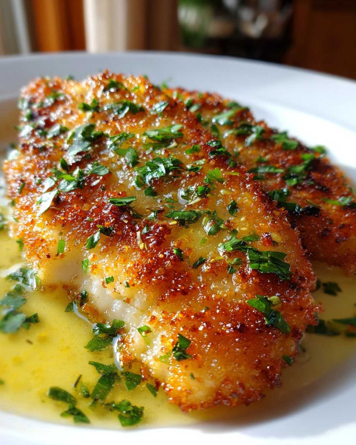 Close-up of two golden-brown fillets in a lemon butter sauce, garnished with fresh parsley, showcasing the Easy Flounder Francaise Recipe.