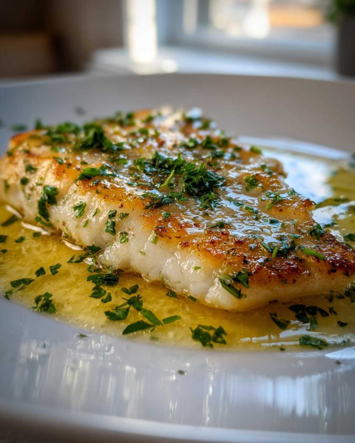 Close-up of a perfectly cooked fillet in an Easy Flounder Francaise Recipe, glistening with lemon butter sauce and fresh parsley.