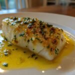 A close-up of a perfectly cooked fillet for Easy Flounder Francaise Recipe, topped with herbs and sitting in lemon butter sauce.