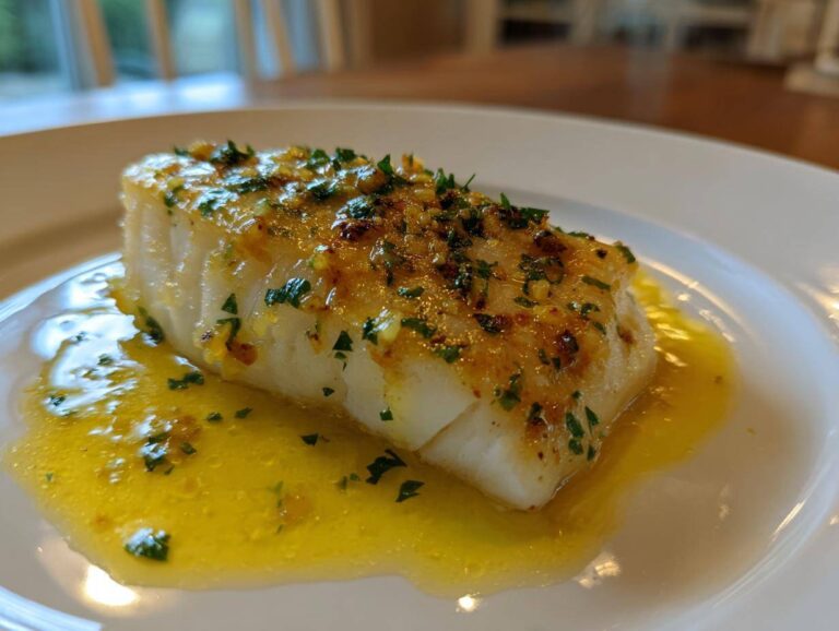 A close-up of a perfectly cooked fillet for Easy Flounder Francaise Recipe, topped with herbs and sitting in lemon butter sauce.