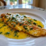 A close-up of a pan-seared flounder fillet covered in bright yellow lemon butter sauce and fresh parsley, part of the Easy Flounder Francaise Recipe.