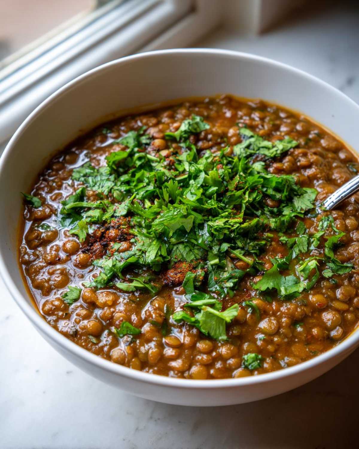 A close-up of a white bowl filled with rich, brown Easy Green Lentil Dal, garnished generously with fresh cilantro.