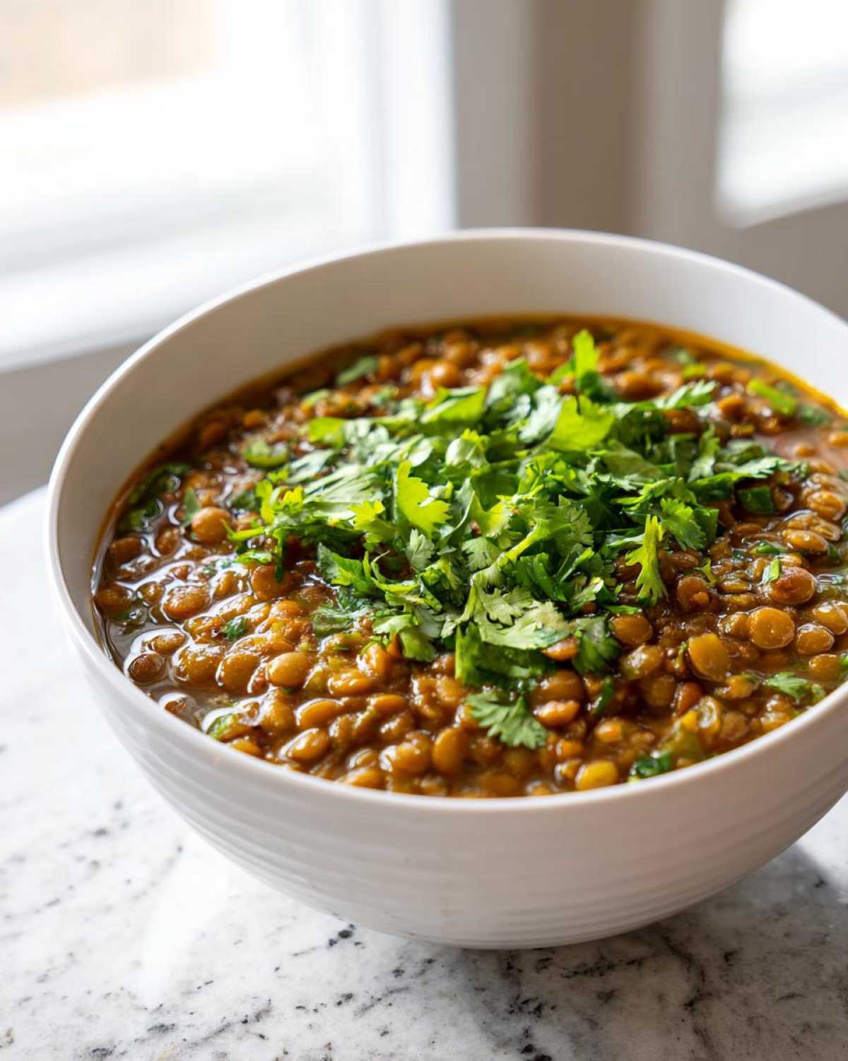 A white bowl filled with rich, savory Easy Green Lentil Dal, garnished generously with fresh cilantro.