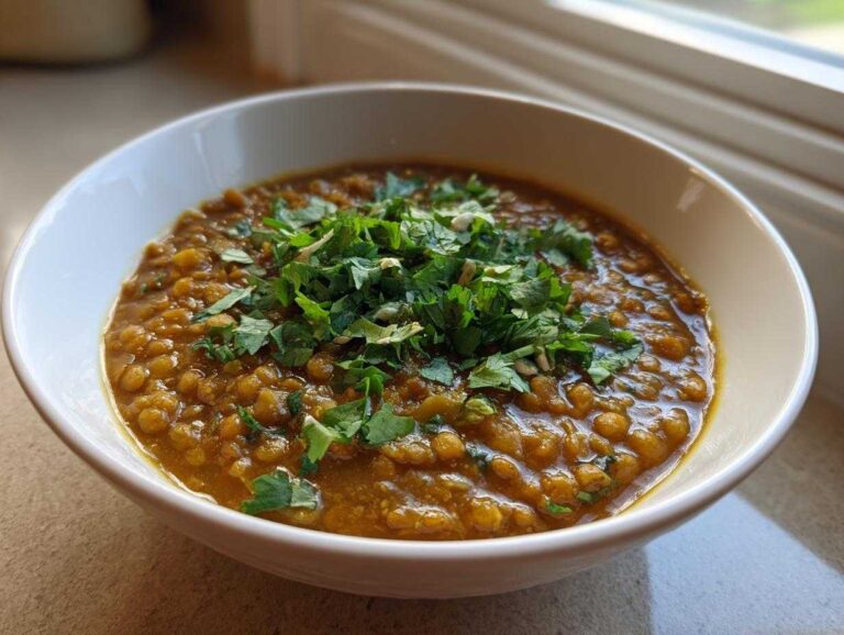 Amazing 45-Minute Easy Green Lentil Dal A close-up of a white bowl filled with rich, orange-brown Easy Green Lentil Dal, topped generously with fresh chopped cilantro.