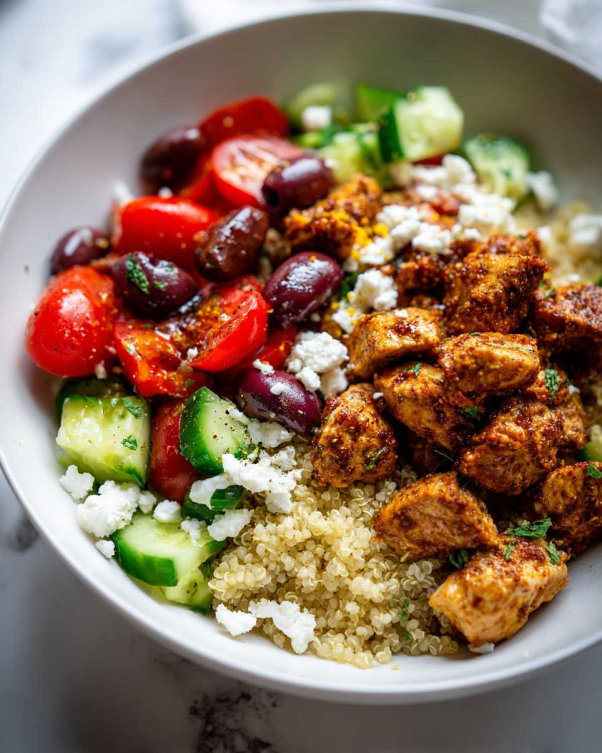 A close-up of an Easy Mediterranean Chicken Bowl featuring seasoned chicken pieces, quinoa, tomatoes, cucumbers, olives, and feta cheese.