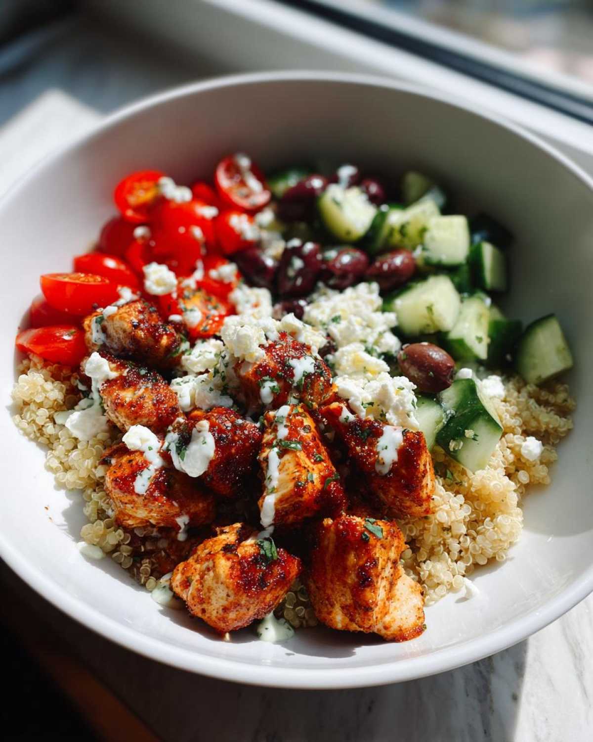 A vibrant Easy Mediterranean Chicken Bowl featuring seasoned chicken, quinoa, tomatoes, cucumbers, olives, and feta cheese.